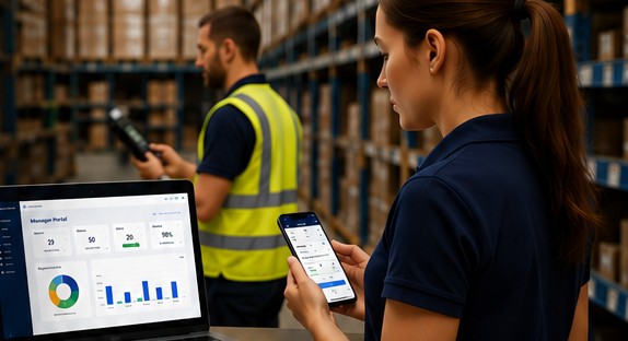 A warehouse team member scanning stock with a mobile device while another reviews live results on a laptop running the Quantal Manager Portal